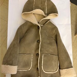 Zara Kids Hooded Shearling-Trim Coat in Tan